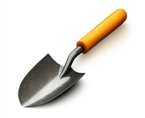 Orange-handled trowel, gardening tool, white background, isolated