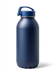 Insulated navy blue bottle studio shot, white background, hydration