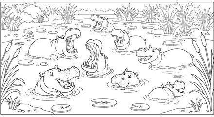 Cartoon hippos playing in a pond surrounded by reeds  