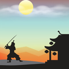 Minimalist Chinese architectural style archway, ancient Samurai, warriors, vector illustration