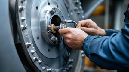 Technician assembling wind turbine component in workshop