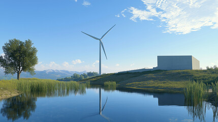 Obraz premium Wind turbine near lake with clear blue sky and reflections