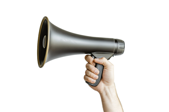 A hand holds a gray megaphone against a transparent background. It is an older, mechanical style bullhorn for announcements