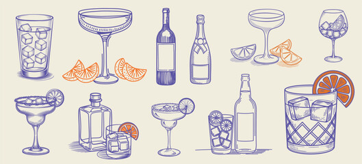 Hand-drawn collection of cocktails and drinks in various glass styles. Vintage ink sketch vector illustrations of classic alcoholic beverages. 