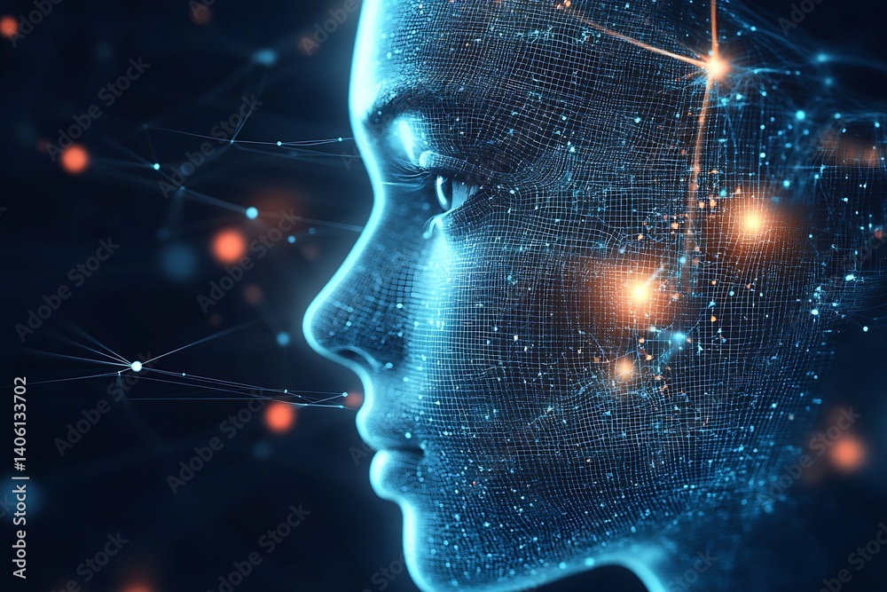 Poster Illustration of a Digital Female Face Representing Artificial Intelligence with Data Streams : Generative AI