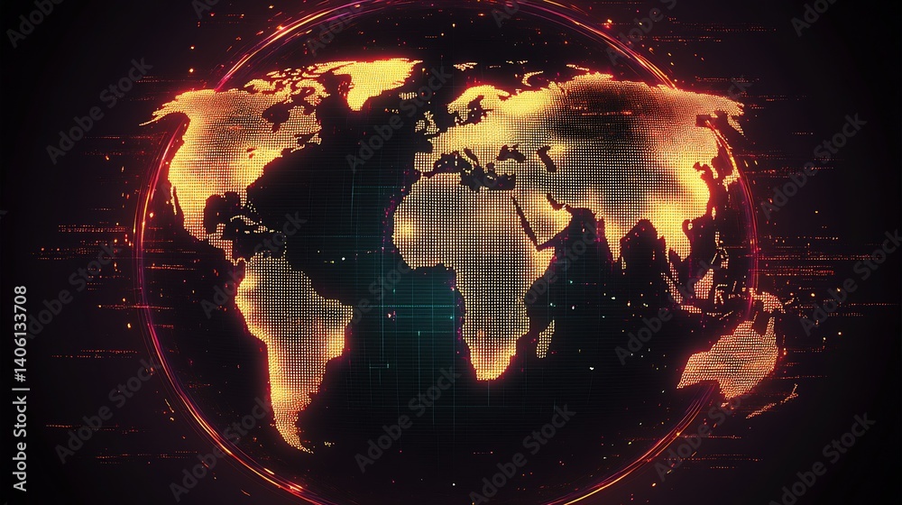 Poster Stunning illuminated world map depicted in golden hues with network lines representing digital connections on a dark background : Generative AI