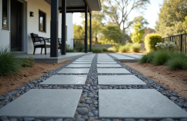 Modern concrete tiles path leading to house front door. Grey paving slabs with small black stones around. Contemporary design of walkway with landscaping. Urban street, garden exterior.