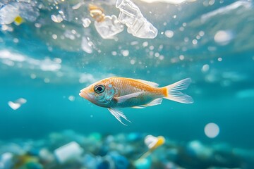 Fototapeta premium Goldfish swims amidst a sea of floating plastic debris, illustrating the pervasive pollution and its threat to aquatic life