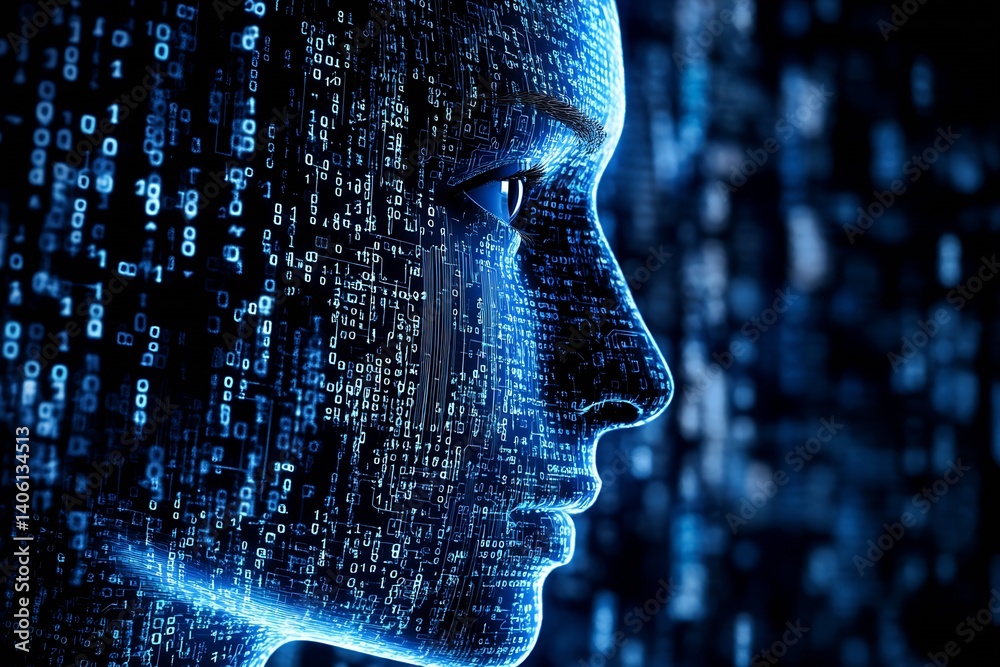 Poster Artistic representation of a human face blended with binary numbers and digital elements : Generative AI