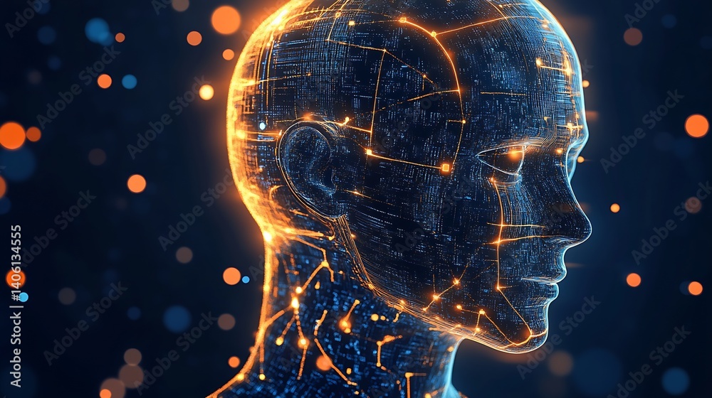 Poster Side view of a glowing robotic head showcasing intricate circuit design and vivid colors : Generative AI
