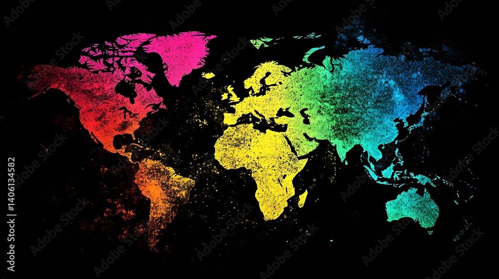 Poster vivid and colorful world map with bright paint effects illustrating continents in a modern artistic 