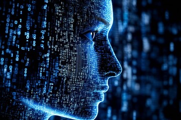 Artistic representation of a human face blended with binary numbers and digital elements : Generative AI