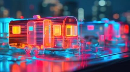 A vibrant holographic model of a trailer park, glowing in a futuristic cityscape.