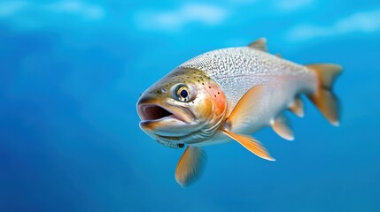 Fototapeta premium Vibrant Freshwater Trout Swimming Gracefully in Clear Blue Water Under Natural Light Conditions