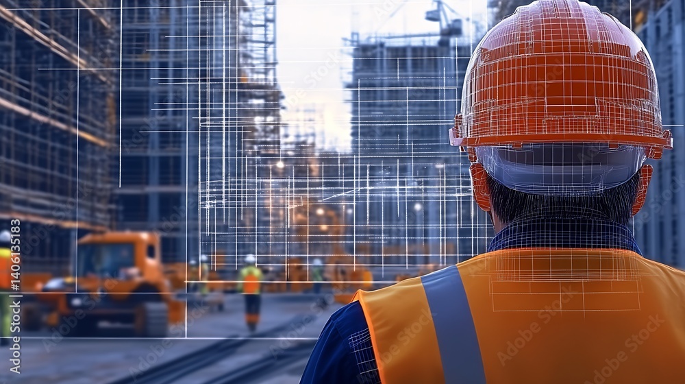 Poster A project manager observing a construction site with advanced technology visualizations for planning and safety : Generative AI