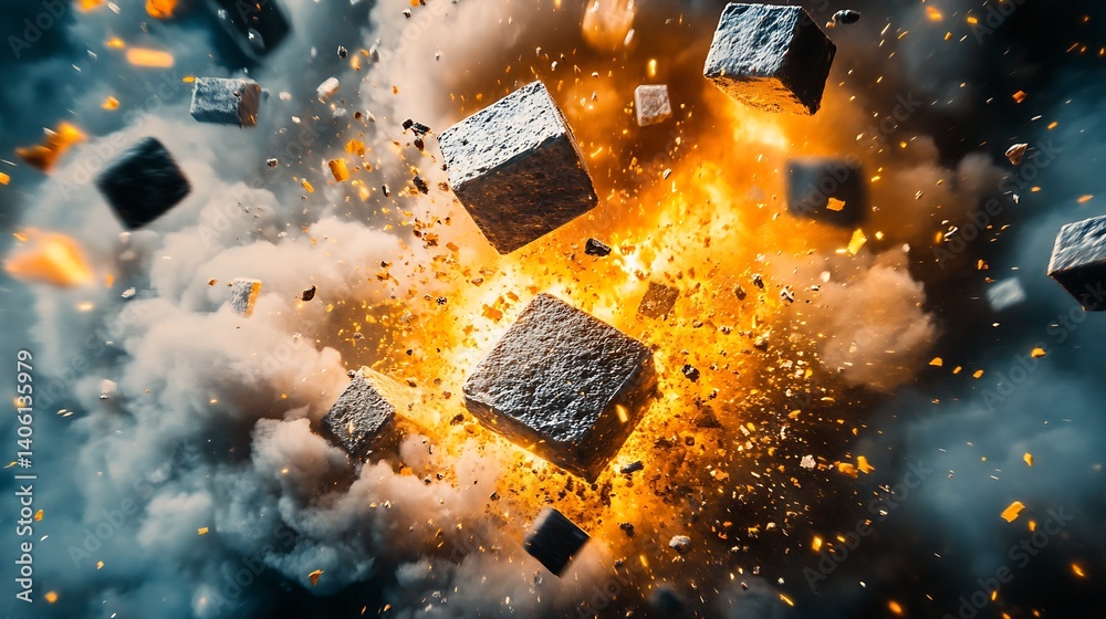 Poster Striking Visual of Explosive Energy with Rocks and Flames Creating a Stunning Abstract Composition : Generative AI