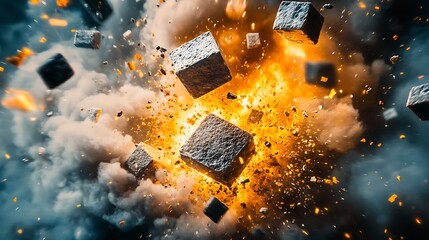 Naklejka premium Striking Visual of Explosive Energy with Rocks and Flames Creating a Stunning Abstract Composition : Generative AI