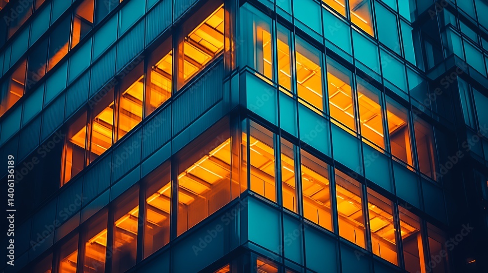 Poster close up view of contemporary building with vibrant illuminated windows for an artistic atmosphere :