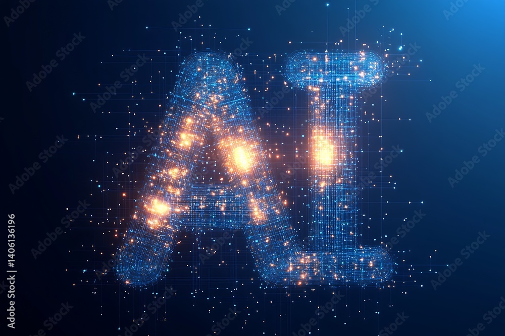 Poster futuristic representation of artificial intelligence in a vibrant digital landscape filled with glow