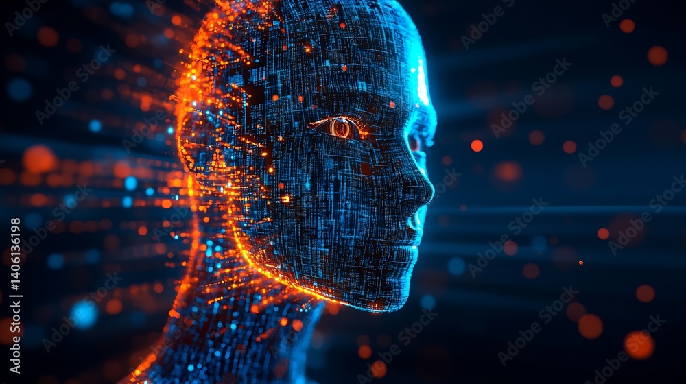 Poster Close Up View of a Surreal Digital Face with a Network of Colorful Light Streams : Generative AI