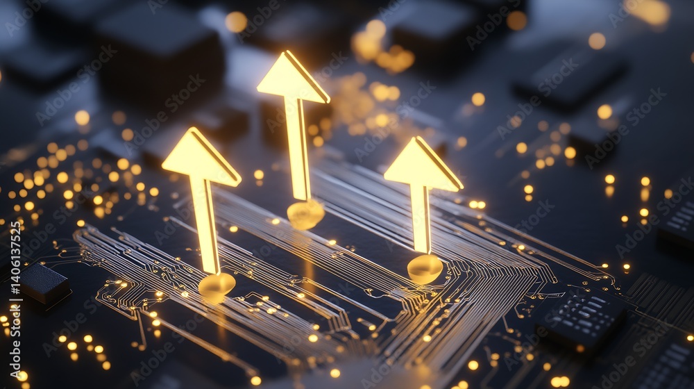 Poster futuristic circuit design featuring arrows highlighting technology growth and advancement : generati