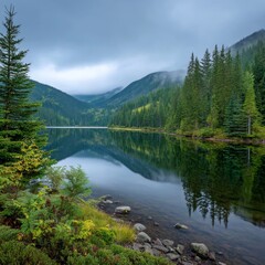 Fototapeta premium Serene Lake Reflection Amidst Mountains and Forest: A Picturesque Nature Landscape for Tranquil Eco-Tourism Adventures
