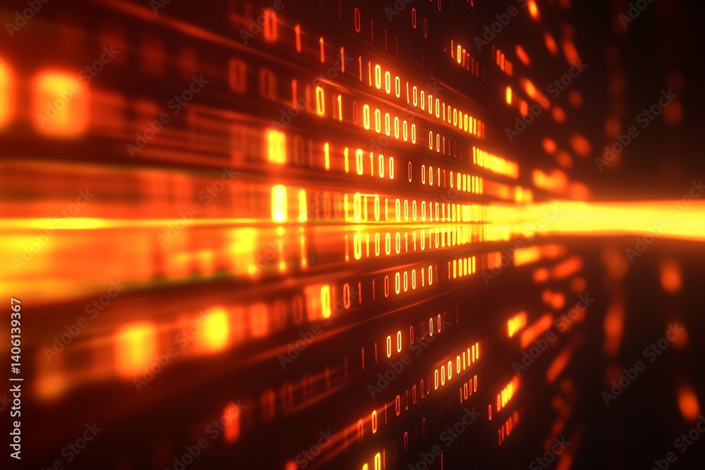 Poster Dynamic and High-Tech Digital Visualization of Binary Code Flowing in Orange Light : Generative AI