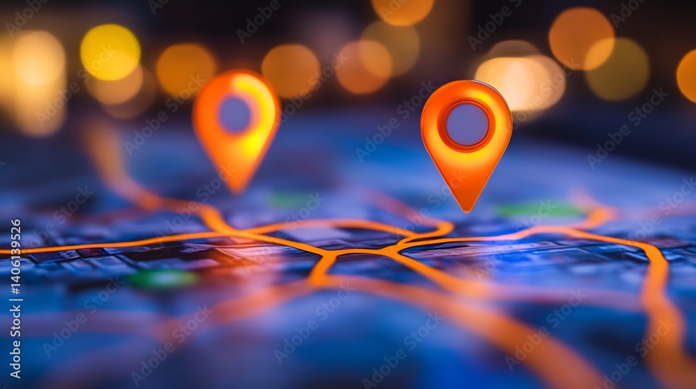 Fototapete High Resolution Close Up of Map with Location Pins and Bokeh Effect for Navigation Theme : Generative AI
