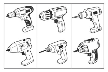 Set of Six Different Power Drill Outline Illustrations for Construction and DIY Projects.