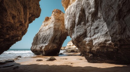 Fototapeta premium Scenic Coastal Landscape with Rock Formations: Explore the Stunning Natural Arch and Sandy Shore on a Sunny Day