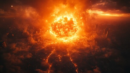 Fototapeta premium Intense cinematic nuclear explosion over city fiery blaze catastrophic urban ruins photo
