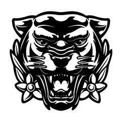Panther with Flowers:  A powerful panther head illustration in black and white, featuring a snarling expression surrounded by delicate flowers. The graphic has a vintage tattoo style.