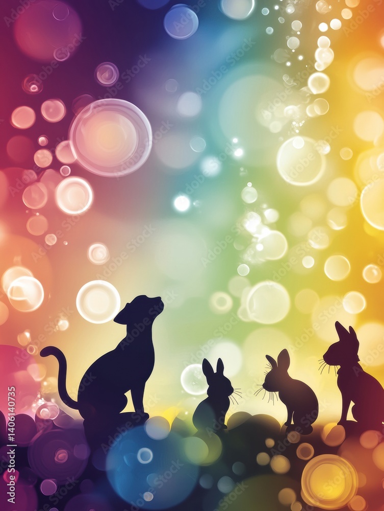 Poster Stylized background with animal silhouettes and floating bubbles in vibrant soft gradients during a colorful evening