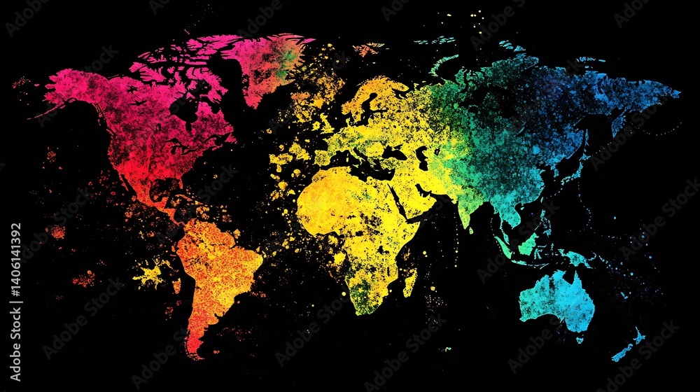 Poster Vibrant Rainbow World Map on Black Background with Artistic Color Splashes and Textured Effect : Generative AI