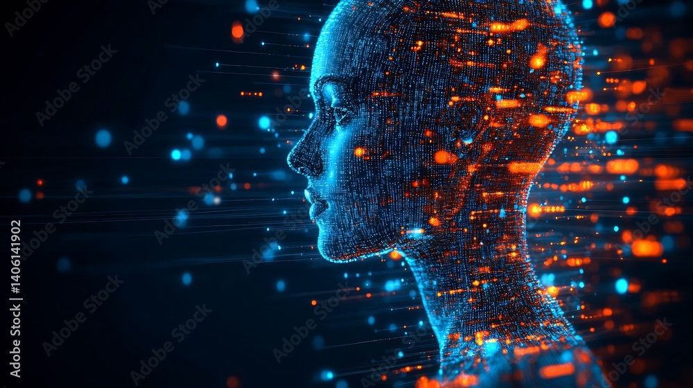 Aufkleber stylized profile of a digital woman surrounded by dynamic light and information flow : generative ai