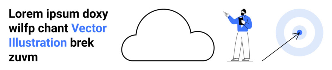 Man holding clipboard pointing at target inside concentric circles next to cloud. Ideal for data analysis, cloud strategy, business goals, analytics, focus, marketing, simple landing page
