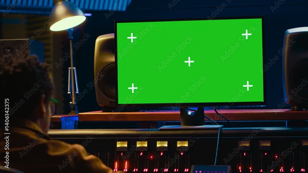 Leinwandbilder African american sound designer looks at greenscreen to record and edit tunes, uses mixing console to create new songs. Skilled technician works on processing and track recording. Camera A.
