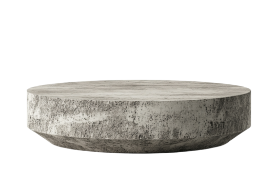 A gray, textured circular platform rests on a transparent background. Studio shot, centered with simple design