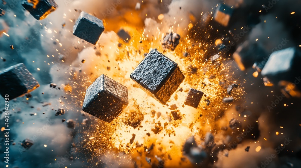 Aufkleber Dramatic Explosion of Rocks Surrounded by Flames and Smoke Presenting Powerful Visual Impact : Generative AI