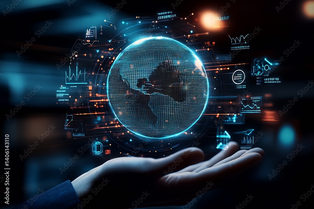 Fototapete Stunning 3D Globe Hologram in Hand Depicting Information and Data Management in Modern Times : Generative AI
