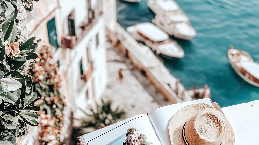 Poster inviting seaside scene with a stylish hat and book on a ledge overlooking boats in sparkling blue wa