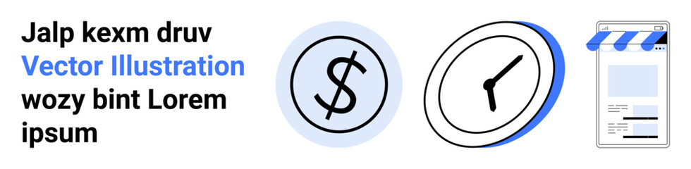 Dollar sign, clock, and document with a checklist. Ideal for financial planning, productivity, deadlines, budgeting, organization, project management time tracking simple landing page