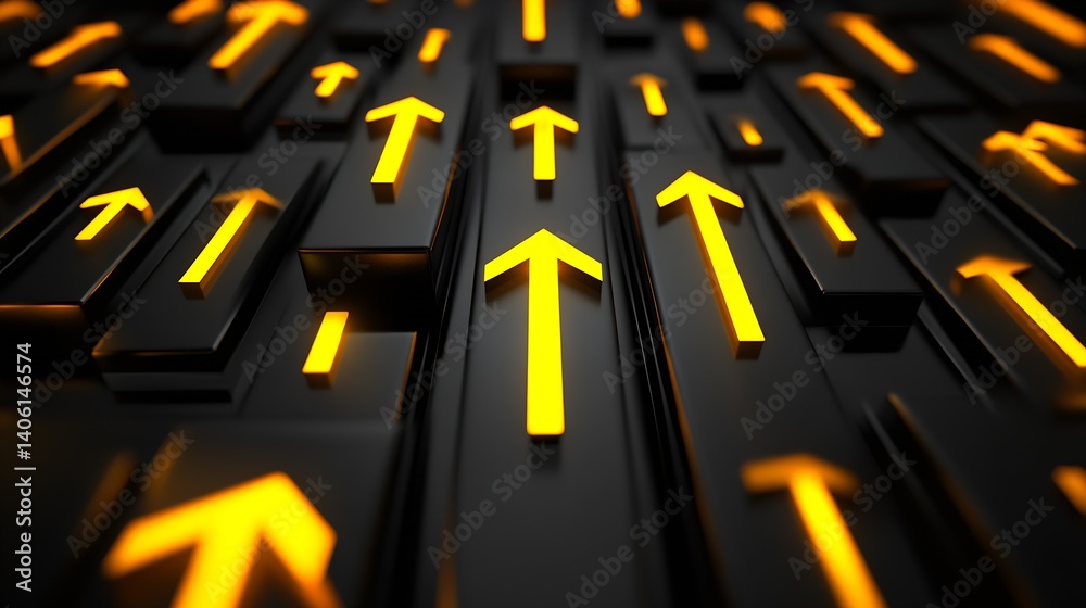Leinwandbilder Dynamic 3D Pattern of Yellow Arrows on a Black Background Creating a Modern Design : Generative AI