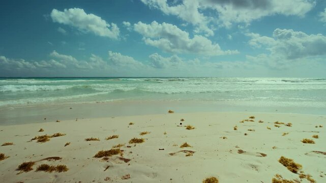 Slow motion of ocean waves gently washing over sandy beach in Tulum, Mexico. Peaceful tropical shoreline with soft motion and natural beauty