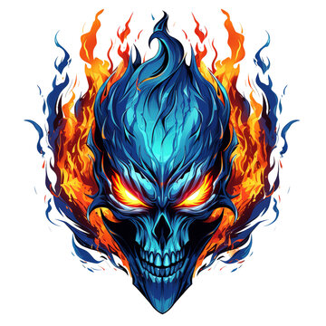 This digital artwork portrays a skull engulfed in flames with glowing eyes, exhibiting a fiery and menacing character.