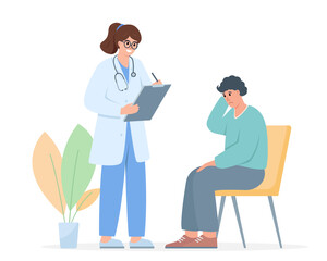 Female Doctor or nurse and sick patient. Hospital or clinic worker and client. Medical consultation, research, support or insurance concept. Vector illustration on white background.