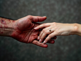 A poignant hand check. One hand, marked by crimson blood, reaches out to a woman's hand showcasing a beautiful ring. The gesture hints at a story of violence and connection.