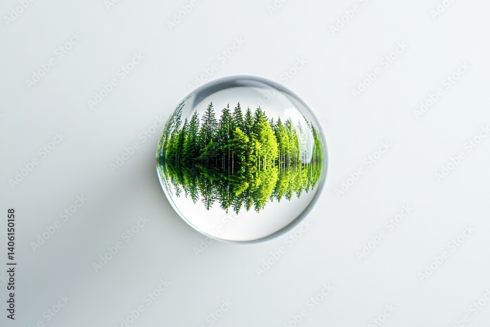 Poster reflection of a pine forest captured in a water droplet on a clean white background highlighting nat
