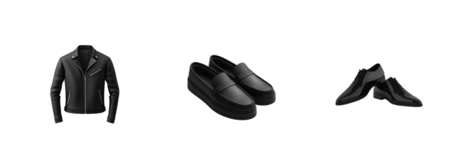Collection of modern black clothing including shoes jacket and t shirt for stylish fashion look