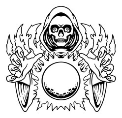 Grim Reaper with the orb: A striking monochrome depiction of a skeletal Grim Reaper shrouded in a hood, its skeletal hands reaching toward an orb surrounded by stylized flames.